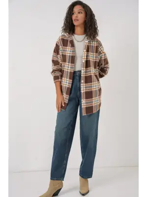 0710 Kapüşonlu Oversize Gömlek - C. Kahverengi