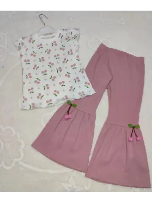 1-2-3-4 Yaş Kiraz Baskılı Tişört İspanyol Paçalı Likralı 2li Kız Çocuk Takımı Gül Kurusu