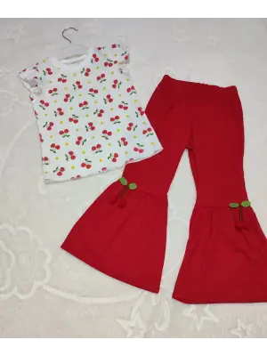 1-2-3-4 Yaş Kiraz Baskılı Tişört İspanyol Paçalı Likralı 2li Kız Çocuk Takımı Kırmızı