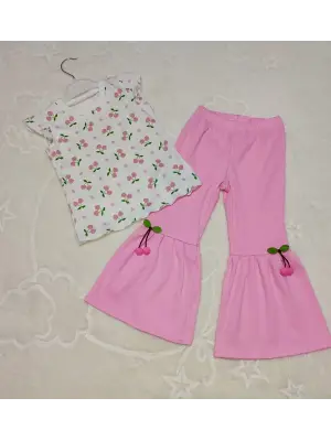 1-2-3-4 Yaş Kiraz Baskılı Tişört İspanyol Paçalı Likralı 2li Kız Çocuk Takımı Pembe