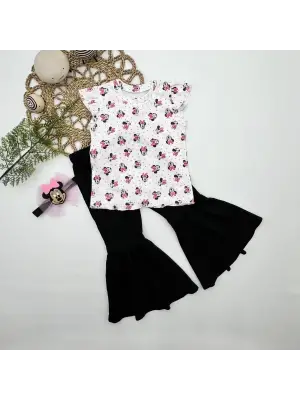 1-2-3-4 Yaş Mickey Baskılı Bandanalı Tişört İspanyol Paçalı Likralı 3lü Kız Çocuk Takımı Siyah