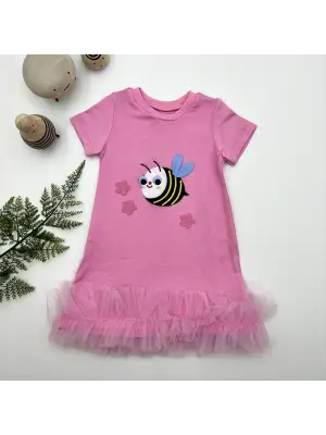 Şirin Nakışlı Fırfırlı Kız Çocuk Elbisesi