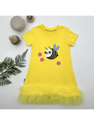 Enerjik Arıcık Nakışlı Fırfırlı Kız Çocuk Elbisesi