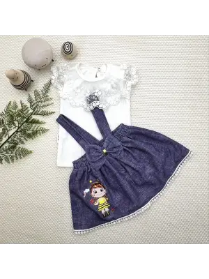 Zarif Nakışlı Kot Desenli Salopet Takımı