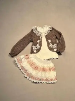 1-2-3 Yaş Brode Etekli Örme Hırkalı Uzun Kollu Sweat 3lü Kız Çocuk Takımı Kahverengi