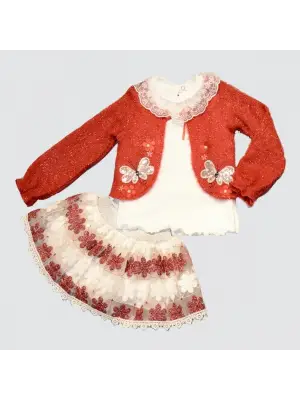 1-2-3 Yaş Brode Etekli Örme Hırkalı Uzun Kollu Sweat 3lü Kız Çocuk Takımı Kırmızı