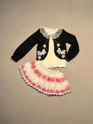 1-2-3 Yaş Brode Etekli Örme Hırkalı Uzun Kollu Sweat 3lü Kız Çocuk Takımı Siyah