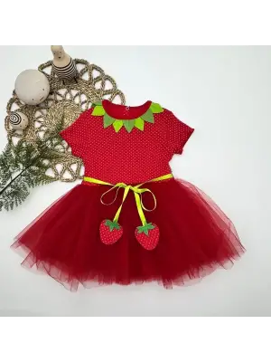Tütü Elbise Çilek Desenli Kırmızı Kız Bebek