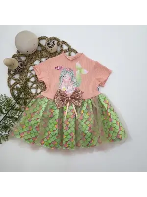 Çarpıcı Denizkızı Baskılı Etekli Bebek Elbisesi