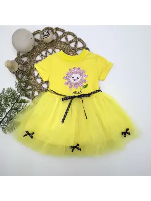 Asil Yaprak Nakışlı Sarı Tütü Elbise 1-2-3 Yaş