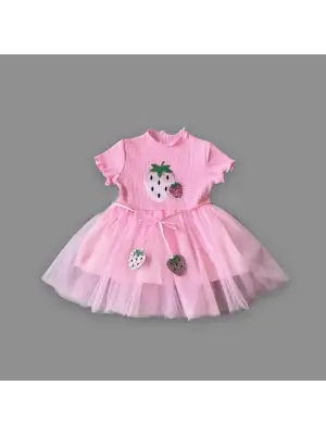 Zarif Payetli Çilek Baskılı Kız Bebek Elbisesi