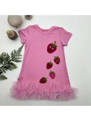 Trend Çilekler Nakışlı Fırfırlı Jile Elbise