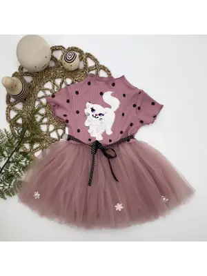 Göz Alıcı Kedicik Baskılı Puantiyeli Bebek Elbisesi