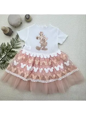 Şık Mickey Baskılı Brode Etekli Kız Bebek Elbisesi