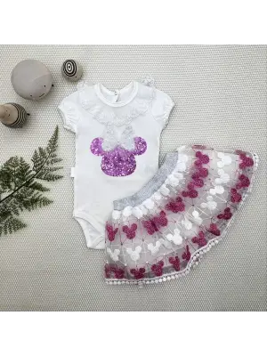 Göz Alıcı Mickey Nakışlı Kız Bebek Takımı