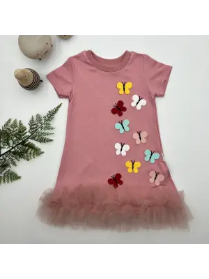 Çocuk Elbisesi Fırfırlı Kelebekler Nakışlı Jile