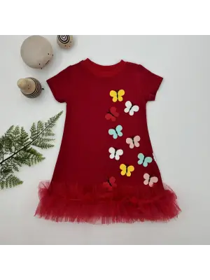 Enerjik Renkli Kelebekler Nakışlı Jile Çocuk Elbisesi