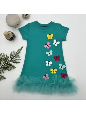 Trendy Kelebek Nakışlı Fırfırlı Çocuk Elbisesi