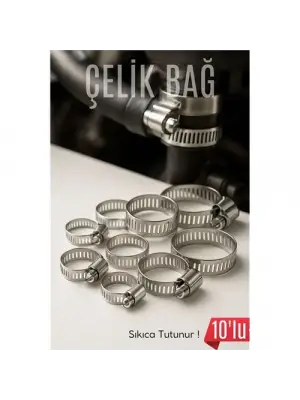 10lu Hortum Kelepçesi Seti | 5 Boy Çelik Ayarlanabilir Vidalı Kelepçe | 13-27mm