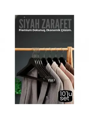 10lu Lüks Siyah Elbise Ceket Askısı - Ergonomik & Kaymaz Plastik Askı Seti -  Ahşap Görünümlü