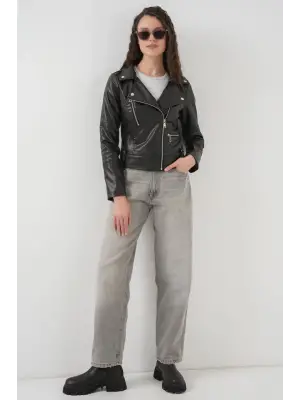 1025 Suni Deri Biker Ceket - Siyah