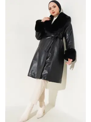 1026 Yaka Kürklü Kemerli Suni Deri Mont