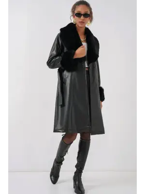 1045 Kürklü Suni Deri Kaban - Siyah