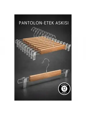 12 Adet Ahşap Pantolon Etek Askısı - Ayarlanabilir Gümüş Mandallı 36cm Organizer Set