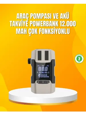 12.000 Mah Akü Takviye Powerbank Dahili Hava Pompalı Dijital Ekranlı