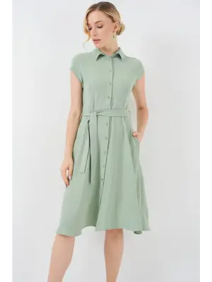 1677 Boydan Düğmeli Kuşaklı Elbise - E.Yeşil