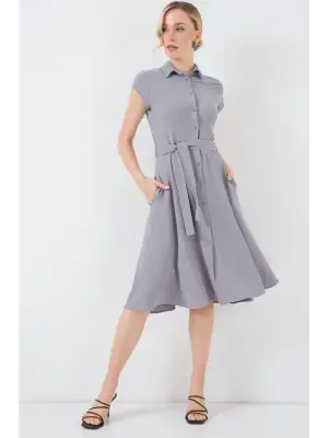 1677 Boydan Düğmeli Kuşaklı Elbise - Gri