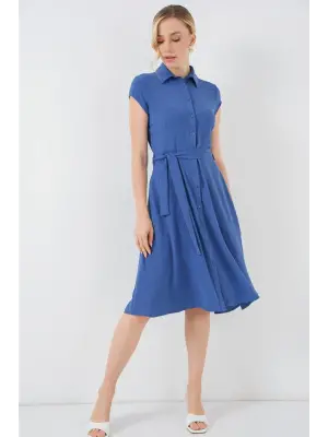 1677 Boydan Düğmeli Kuşaklı Elbise - İndigo