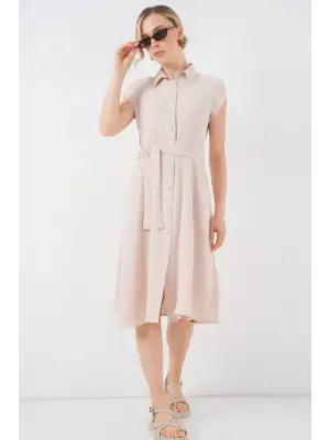 1677 Boydan Düğmeli Kuşaklı Elbise - Krem