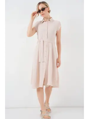 1677 Boydan Düğmeli Kuşaklı Elbise - Krem