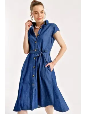 1677 Boydan Düğmeli Kuşaklı Kot Elbise - Lacivert
