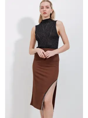 1890 Zincir Detaylı Etek - Kahverengi