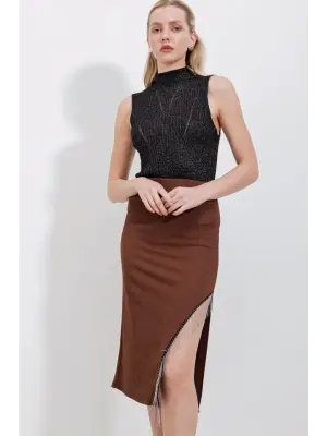 1890 Zincir Detaylı Etek - Kahverengi