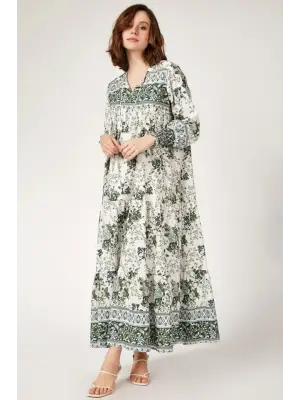 1947 Desenli Uzun Elbise - Haki