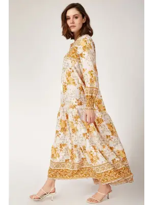 1947 Desenli Uzun Elbise - Hardal