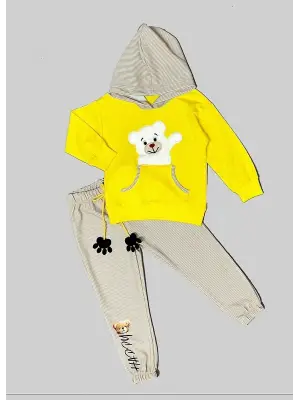 Çocuk Takımı Sarı Pelüş Ayı Desenli Uzun Kollu Sweat