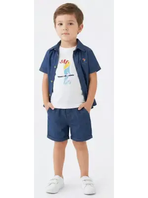 2/6 Yaş Denim Gömlek Şortlu 3lü Çocuk Takımı