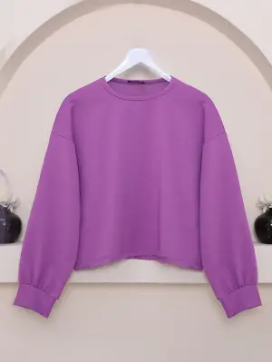 Omarı Yumuşak Dokulu Oversize Crop Sweatshirt - Leylak