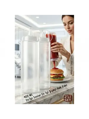 2li Sos Şişesi, Ketçap Mayonez Hardal ve Zeytinyağı Şişesi Seti - 400 ml Sızdırmaz Kapaklı Profesyonel Mutfak Dispenseri
