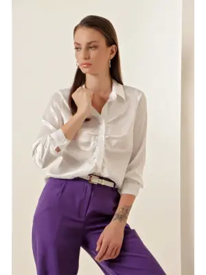 20112 Büzgülü Saten Gömlek - Beyaz