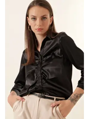 20112 Büzgülü Saten Gömlek - Siyah