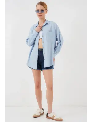 20126 Oversize Keten Gömlek - Mavi