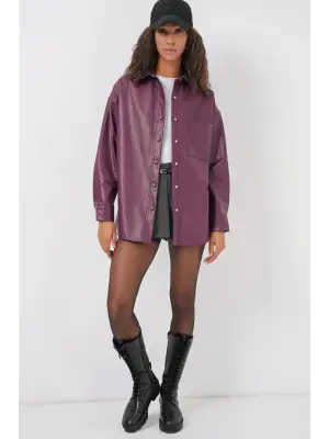 20134 Oversize Suni Deri Gömlek - Mürdüm