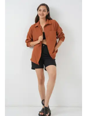 20153 Tek Cepli Oversize Keten Gömlek - A. Kiremit