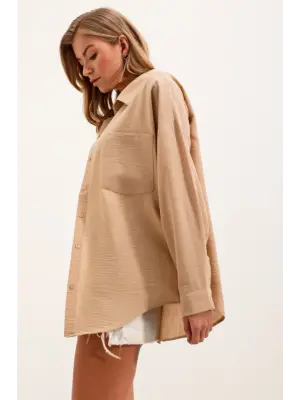 20153 Tek Cepli Oversize Keten Gömlek - A.Bej