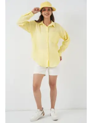 20153 Tek Cepli Oversize Keten Gömlek - Açık Sarı